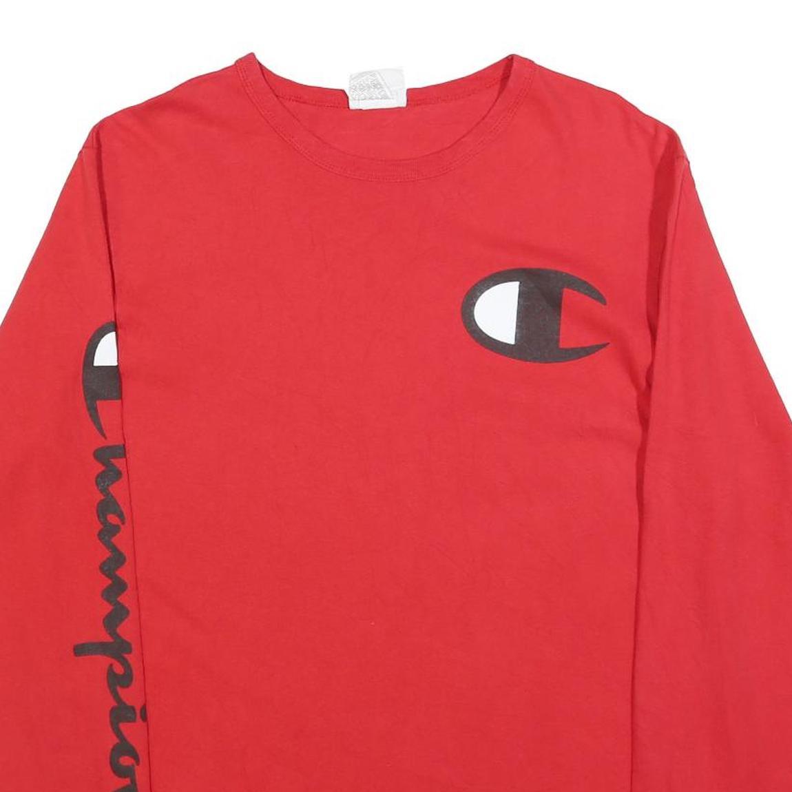 CHAMPION Mens Red Long Sleeve Crew Neck Logo Print L Cotton Blend T-Shirt