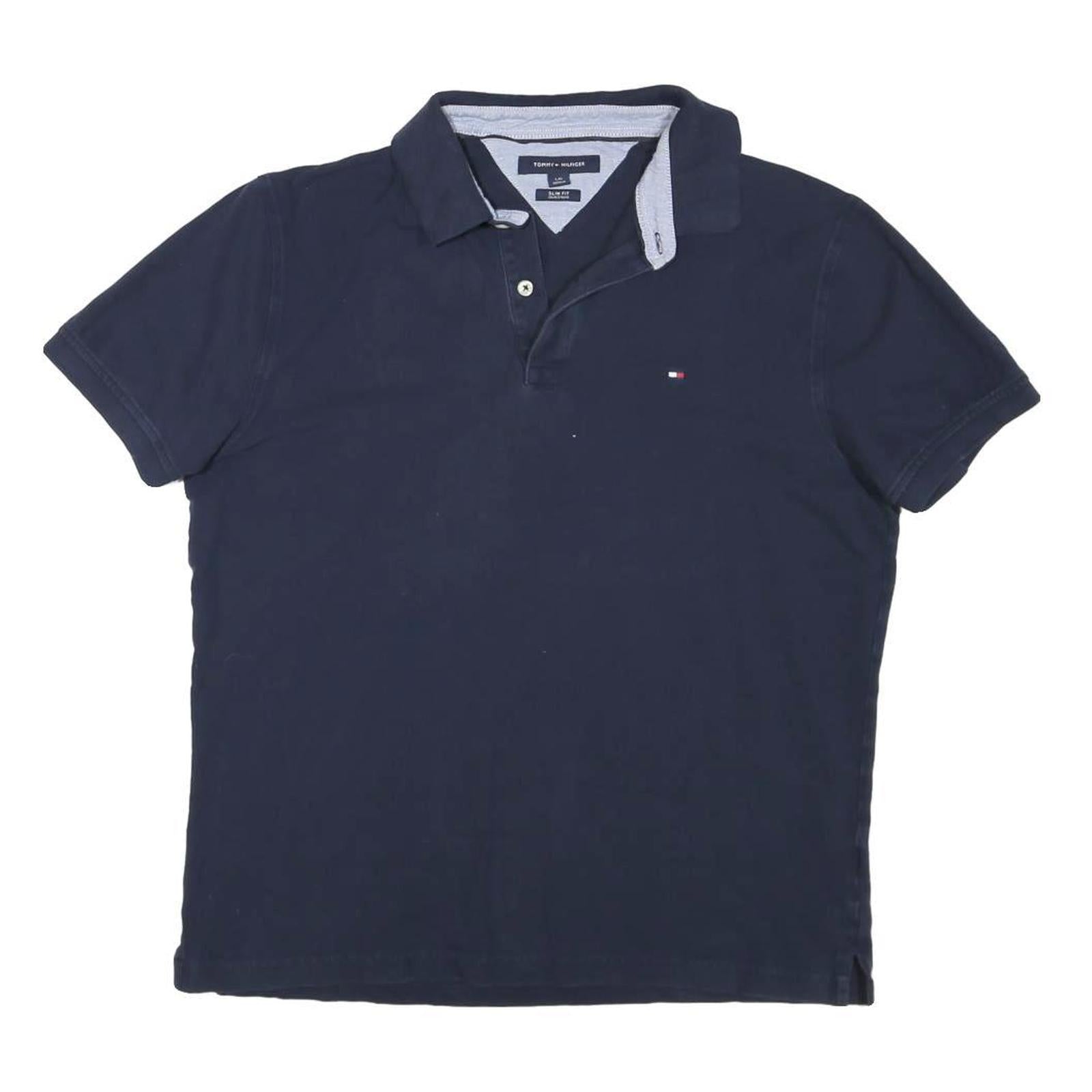 TOMMY HILFIGER Mens Navy Blue Polo Shirt L Cotton Blend Slim Fit
