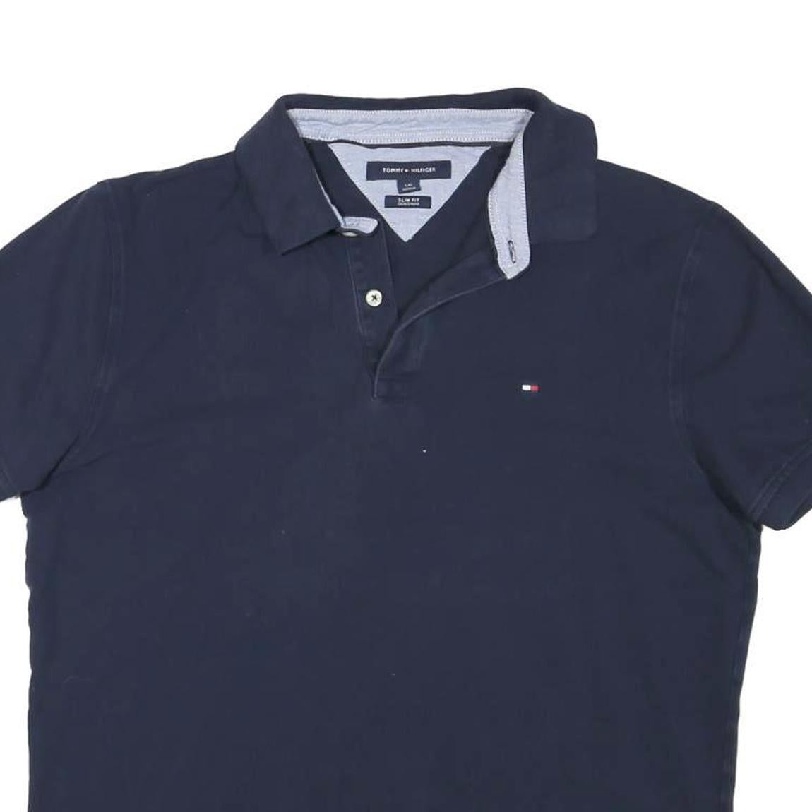 TOMMY HILFIGER Mens Navy Blue Polo Shirt L Cotton Blend Slim Fit