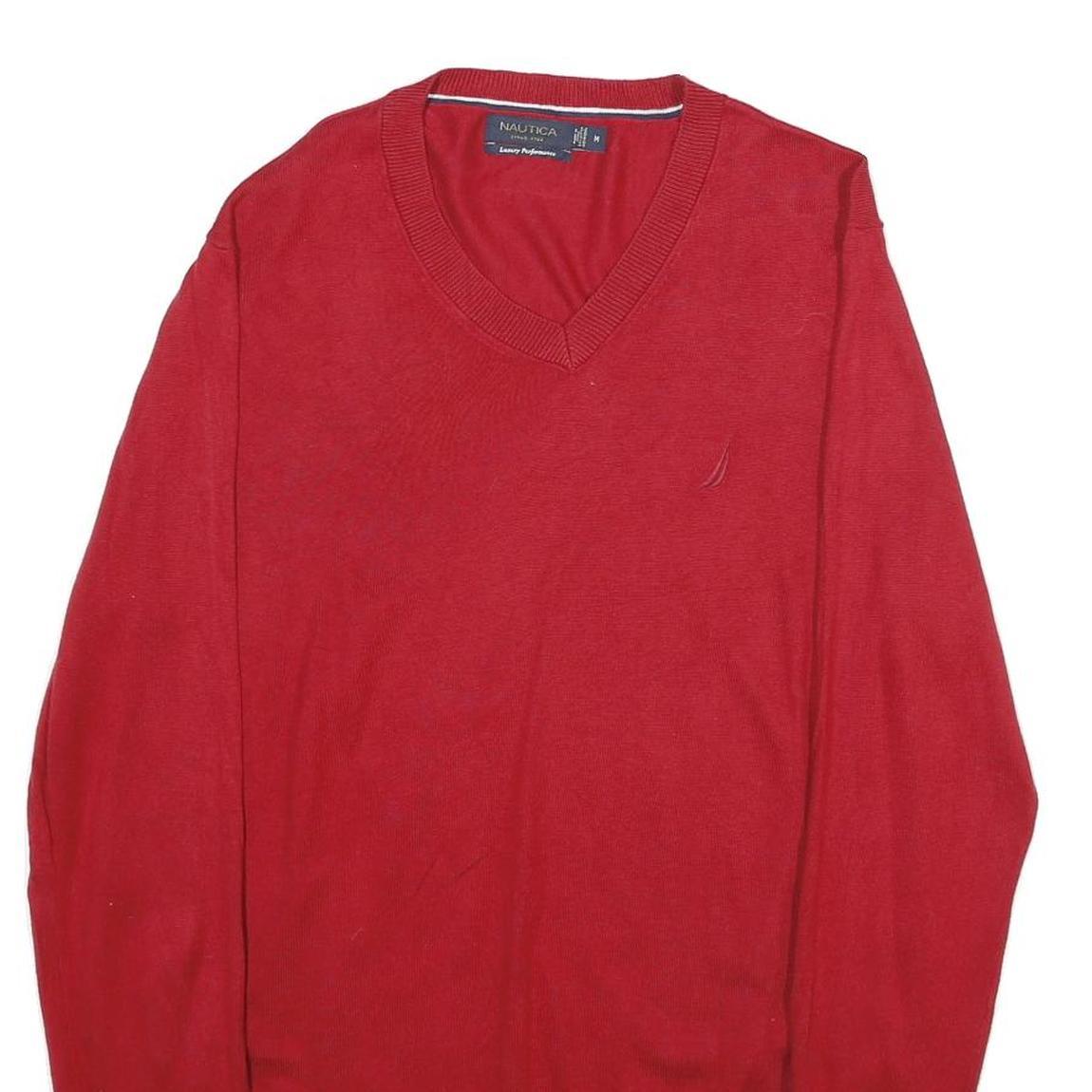 NAUTICA Mens Red Plain V-Neck Basic Knit Jumper M Casual Comfort Cotton Blend