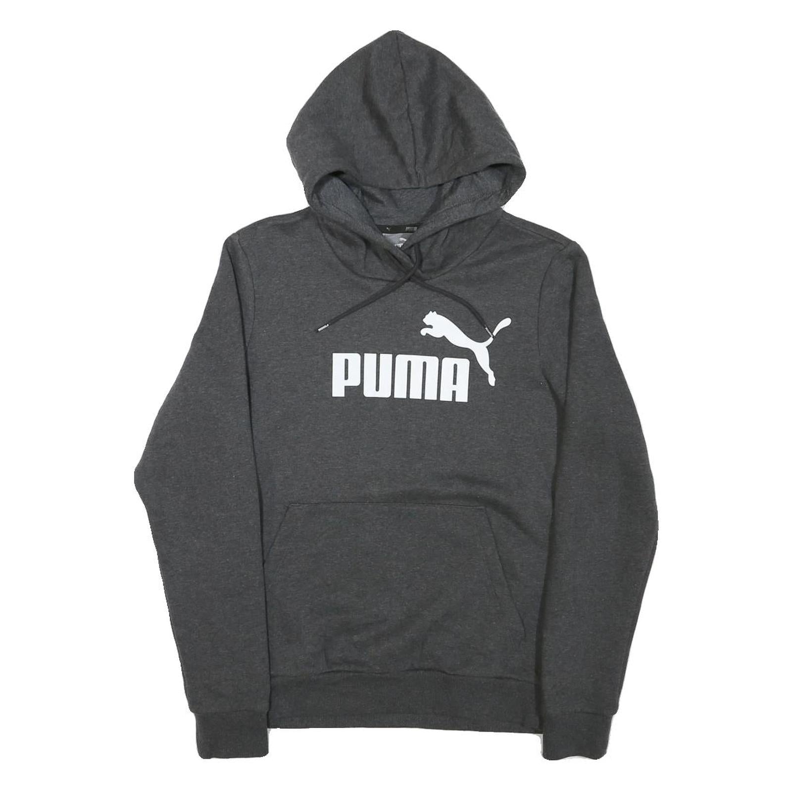 PUMA Mens Grey Cotton Blend Pullover Hoodie M Logo Print Drawstring Hood