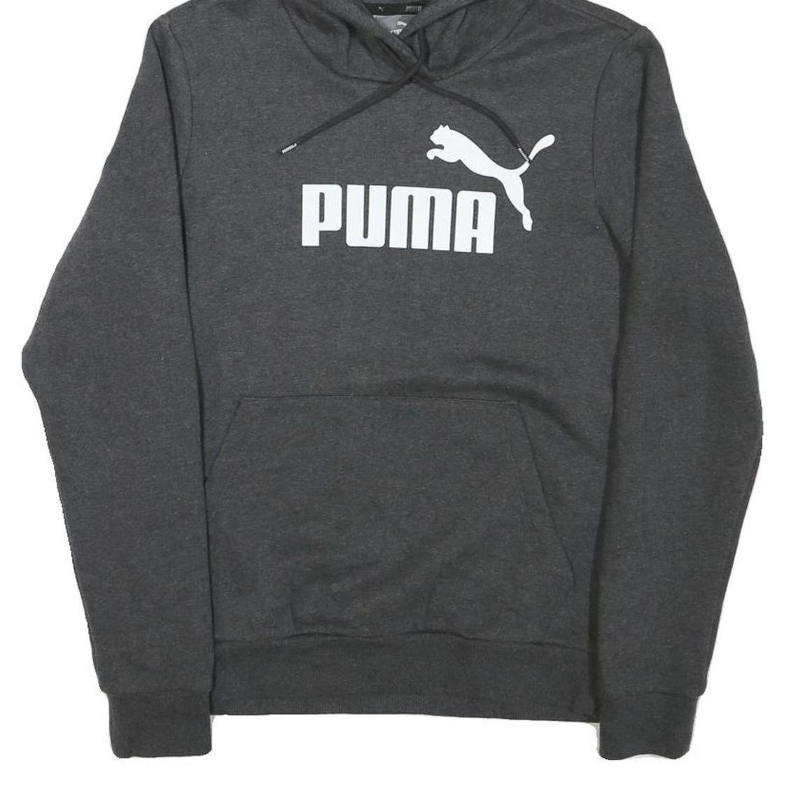 PUMA Mens Grey Cotton Blend Pullover Hoodie M Logo Print Drawstring Hood