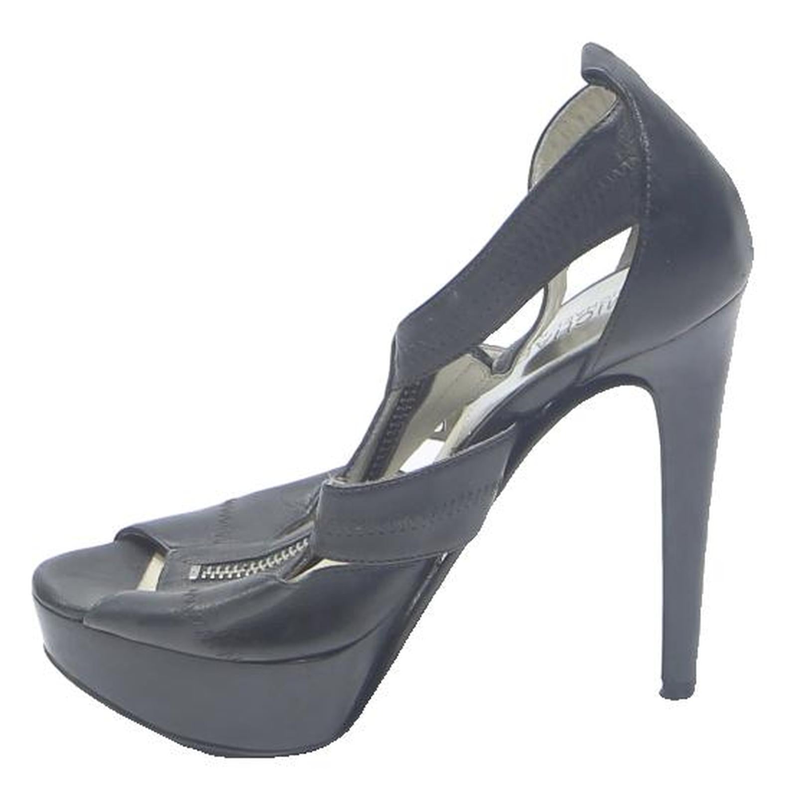 MICHAEL KORS Womens Platform Pump Heels Black Leather UK 6 Zip Detail Stylish