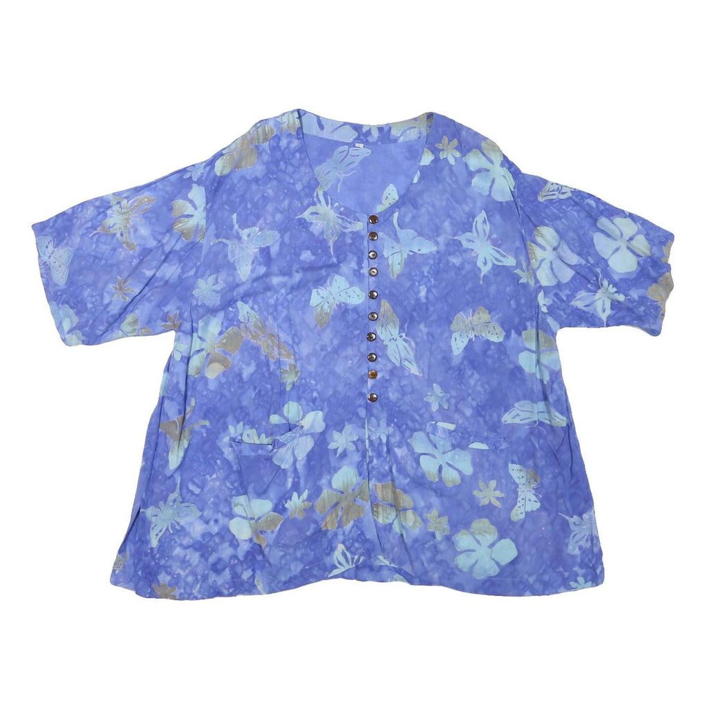 Womens Blue & Cream Printed Button Top Short Sleeve Round Neck L Cotton Blend