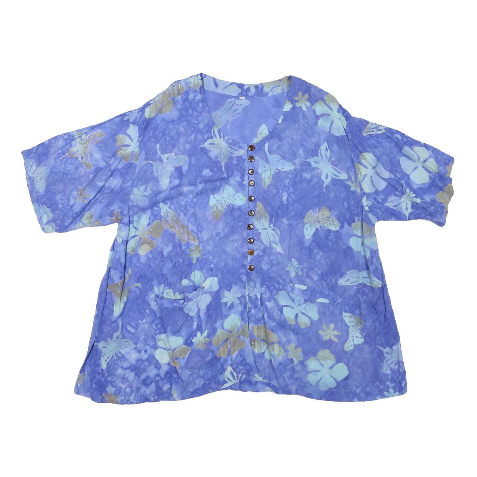 Womens Blue & Cream Printed Button Top Short Sleeve Round Neck L Cotton Blend