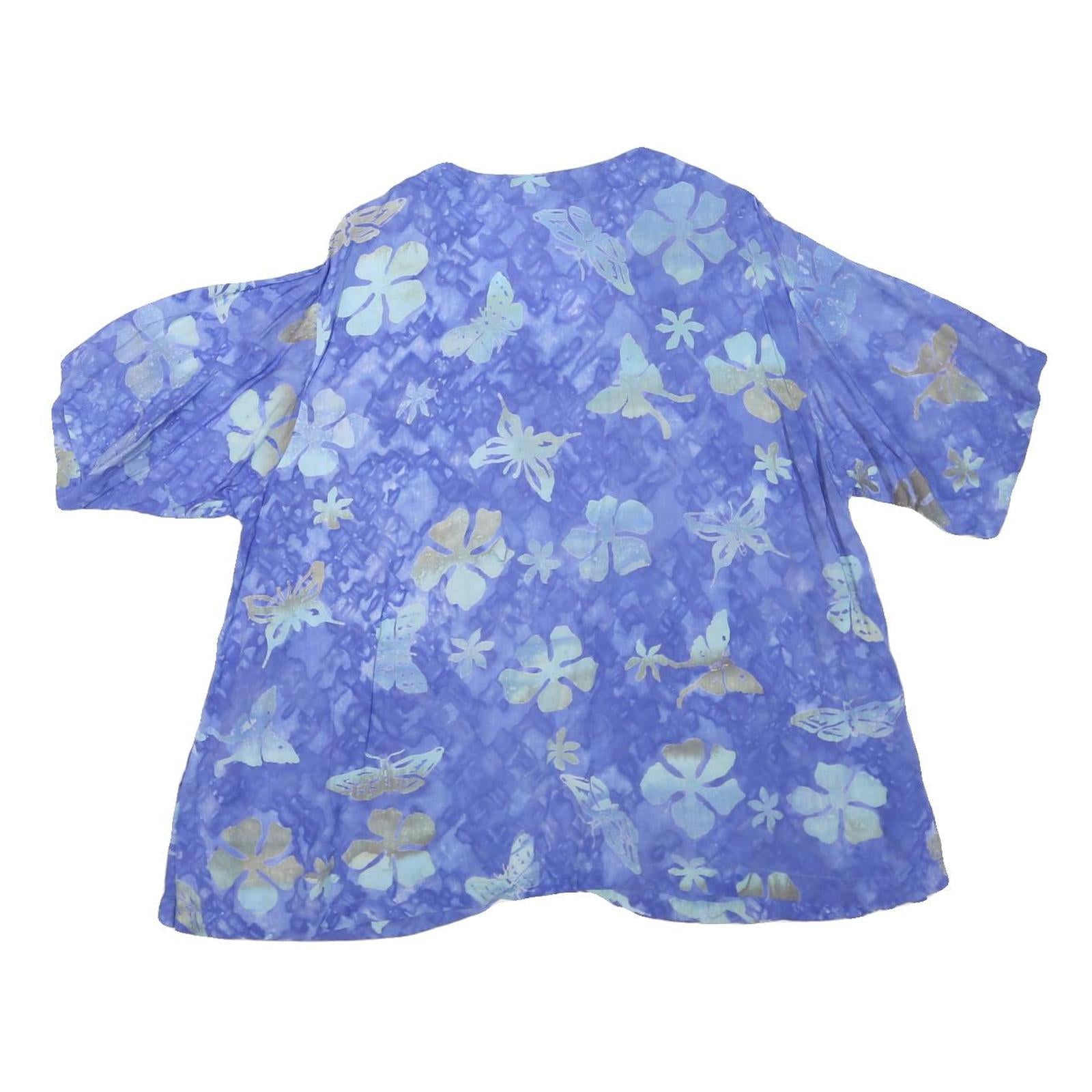 Womens Blue & Cream Printed Button Top Short Sleeve Round Neck L Cotton Blend