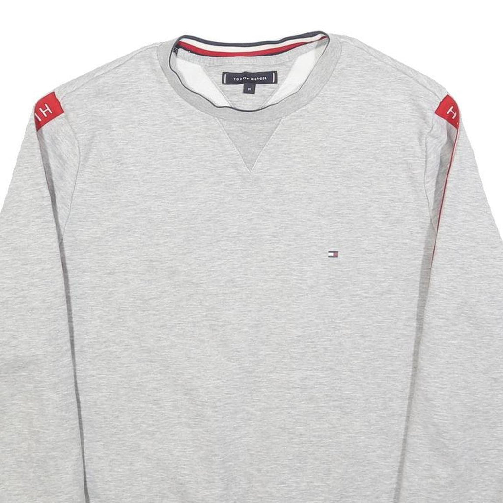 TOMMY HILFIGER Mens Grey Crew Neck M Cotton Sweatshirt with Branded Sleeve Tape