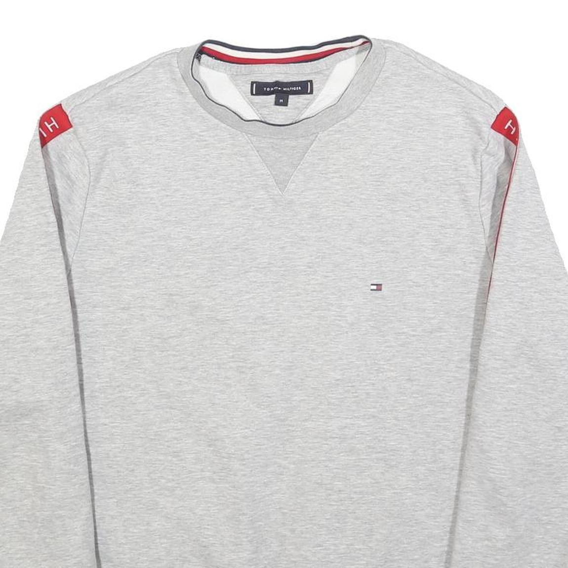 TOMMY HILFIGER Mens Grey Crew Neck M Cotton Sweatshirt with Branded Sleeve Tape