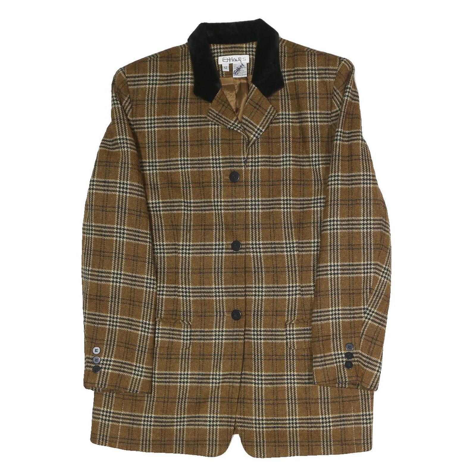 CHAUS Womens Brown & White Checked Classic Jacket S Polyester Blend Button