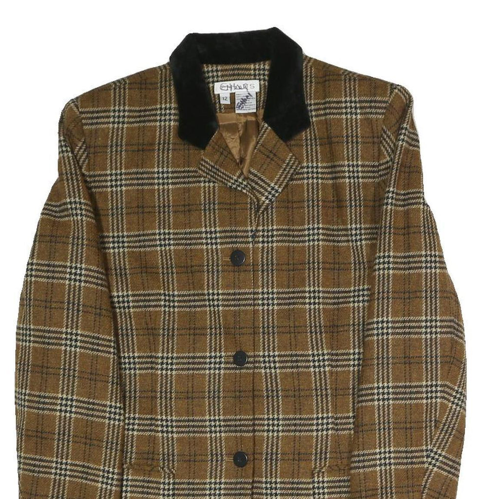CHAUS Womens Brown & White Checked Classic Jacket S Polyester Blend Button