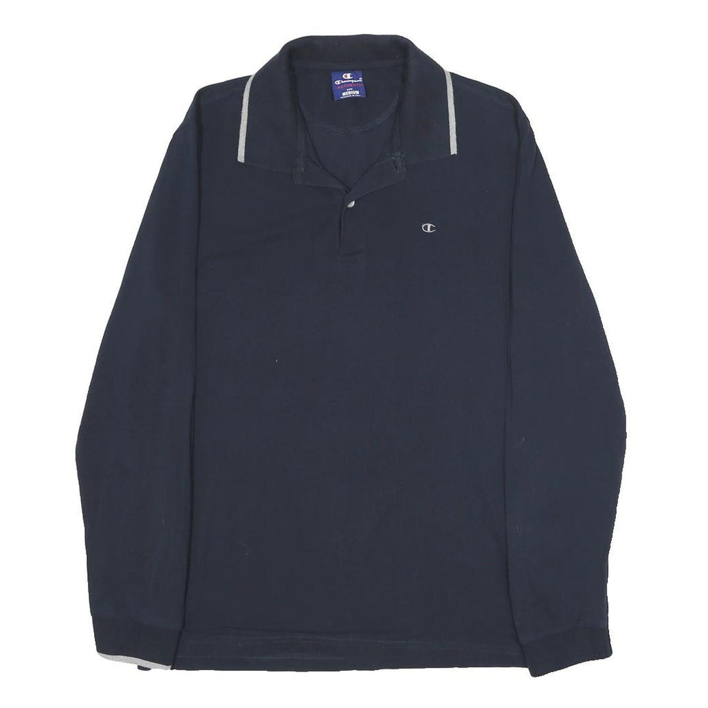 CHAMPION Mens Blue Long Sleeve Plain M Cotton Polo Shirt Athleticwear