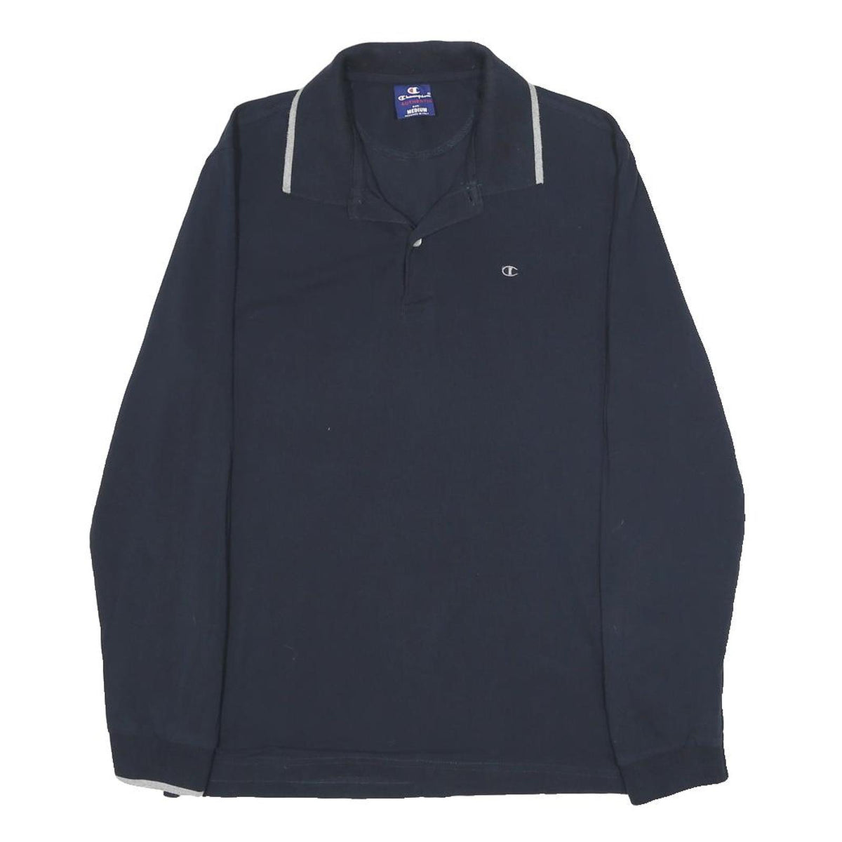 CHAMPION Mens Blue Long Sleeve Plain M Cotton Polo Shirt Athleticwear