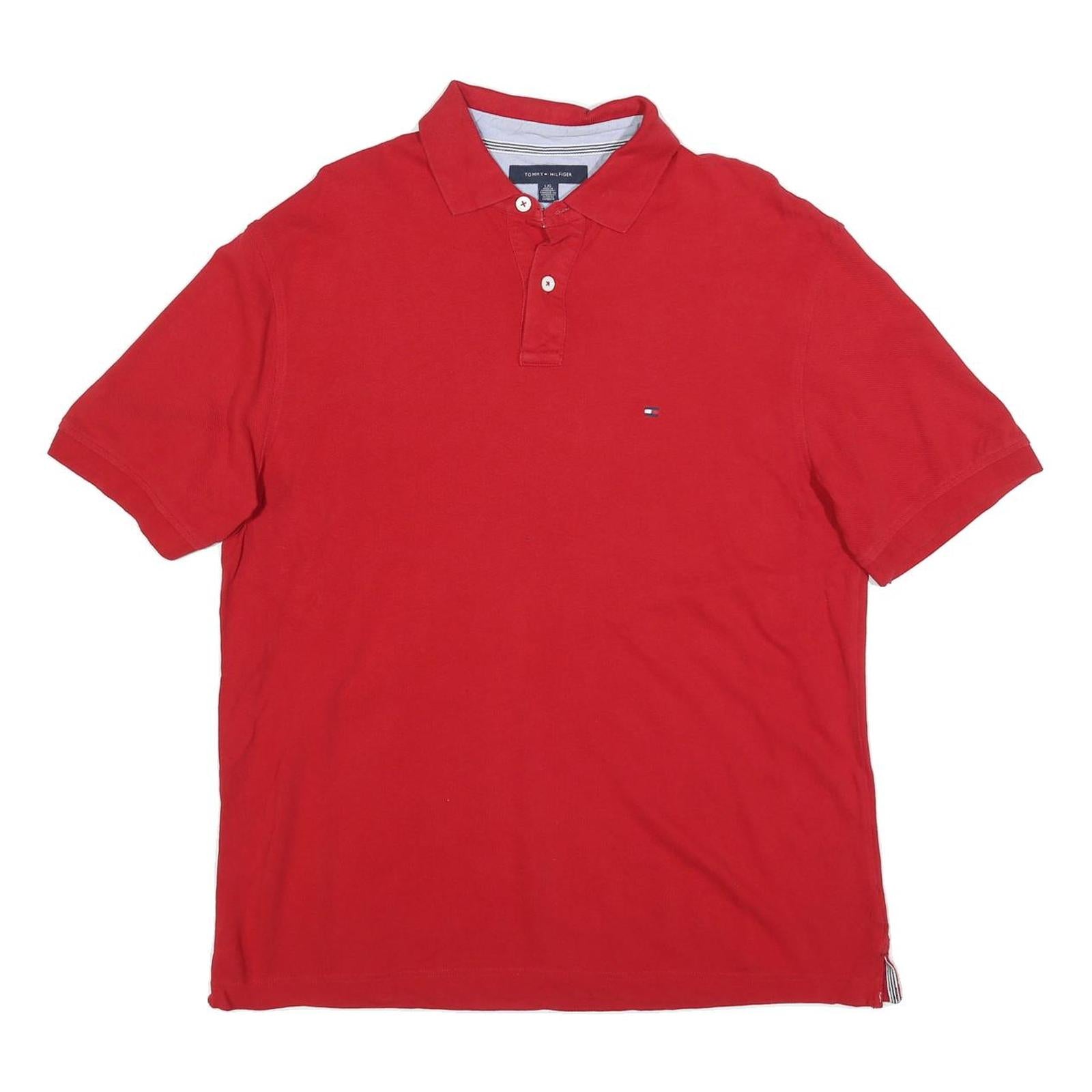 TOMMY HILFIGER Mens Red Short Sleeve Plain Polo Shirt L Classic Cotton Blend
