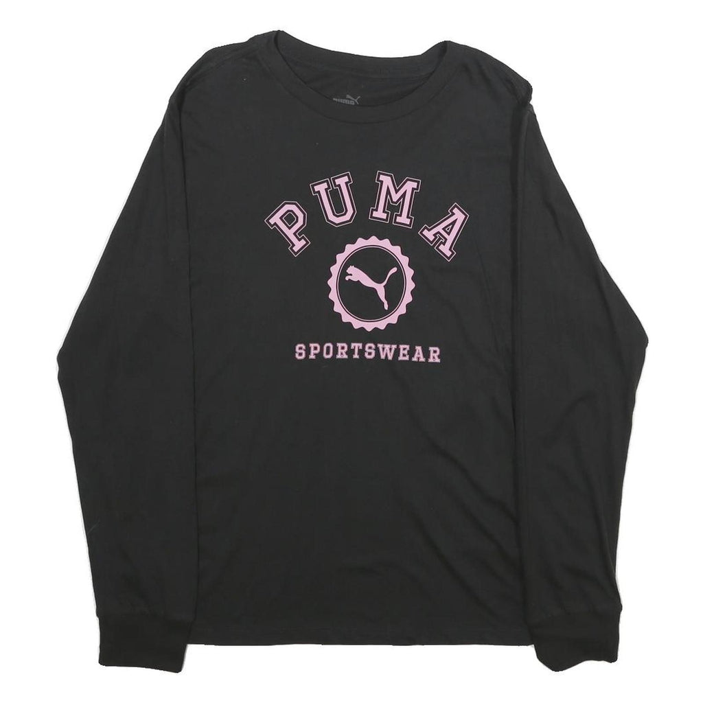PUMA Womens Black Long Sleeve Crew Neck Sportswear Logo Cotton L T-Shirt