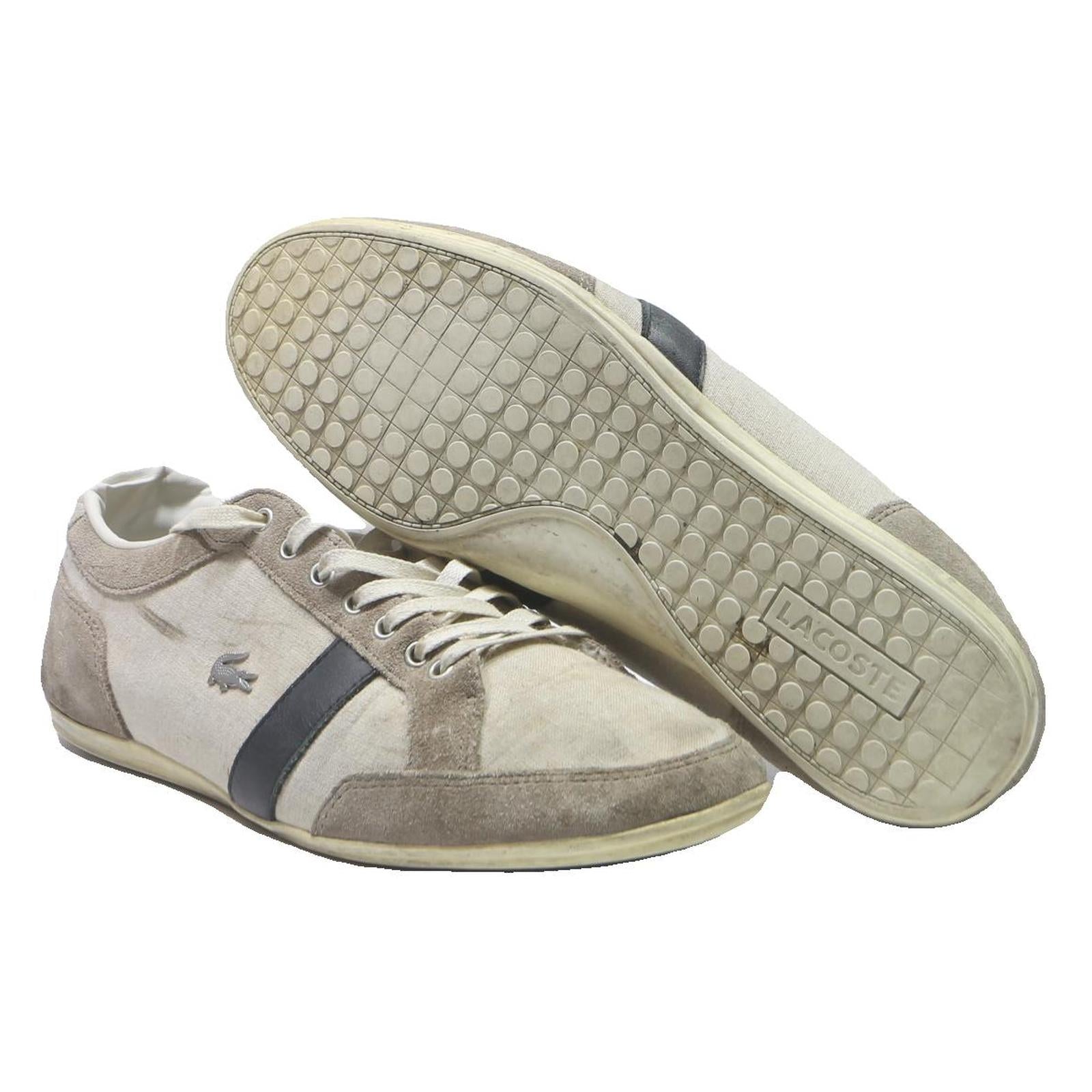 LACOSTE Mens Low Top Trainers Casual Canvas UK 10 Beige Taupe Black Stripe