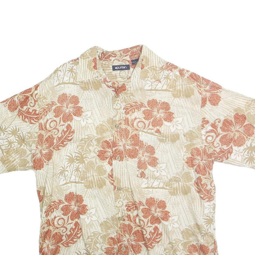 PURITAN Mens Beige & Brown Floral Hawaiian Shirt M Cotton Beach Vacation