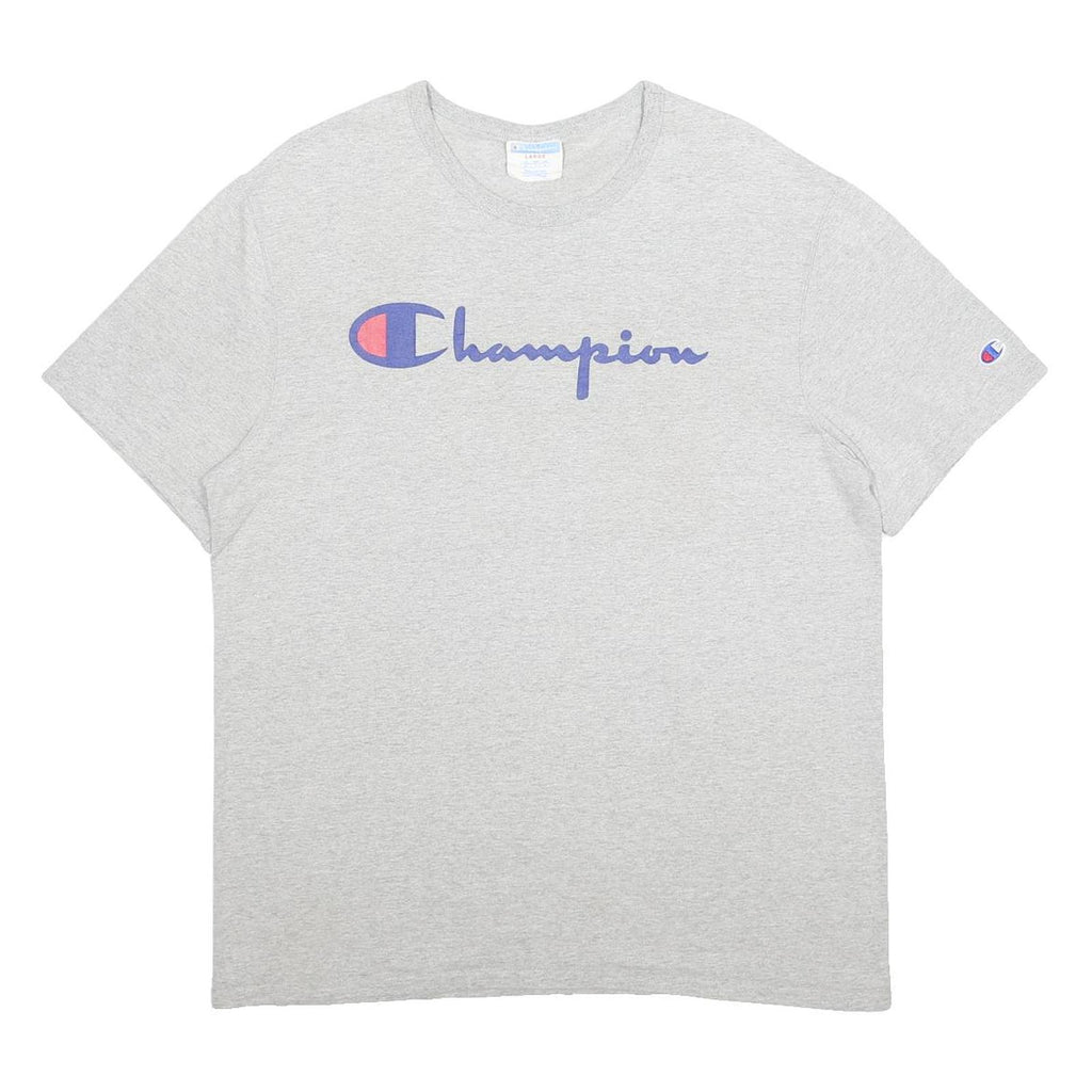 CHAMPION Mens Grey Light & Blue Logo Graphic T-Shirt L Short Sleeve Crew Neck