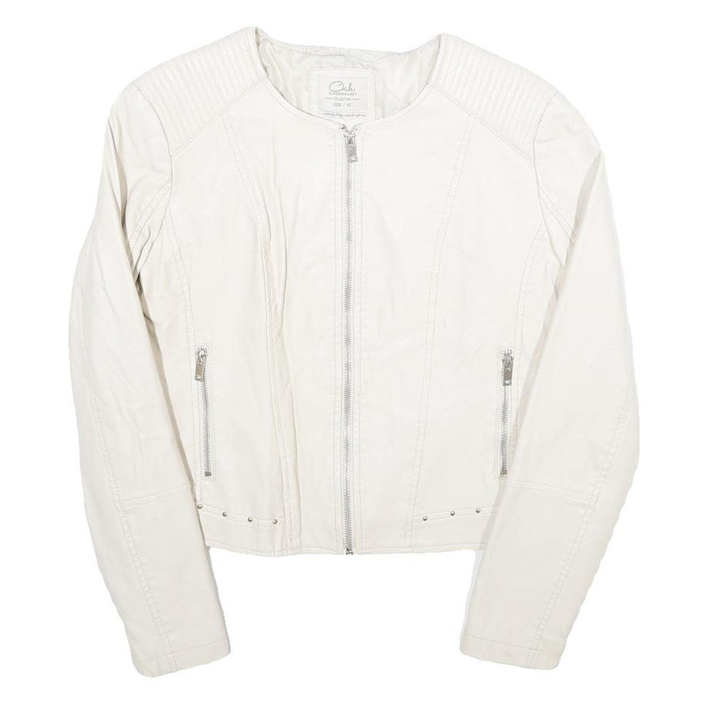 CLOCKHOUSE Womens White & Silver Faux Leather Biker Jacket UK 12 Zip Plain