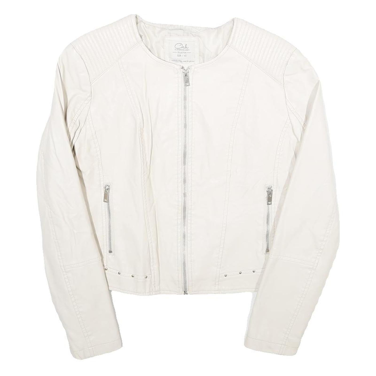 CLOCKHOUSE Womens White & Silver Faux Leather Biker Jacket UK 12 Zip Plain