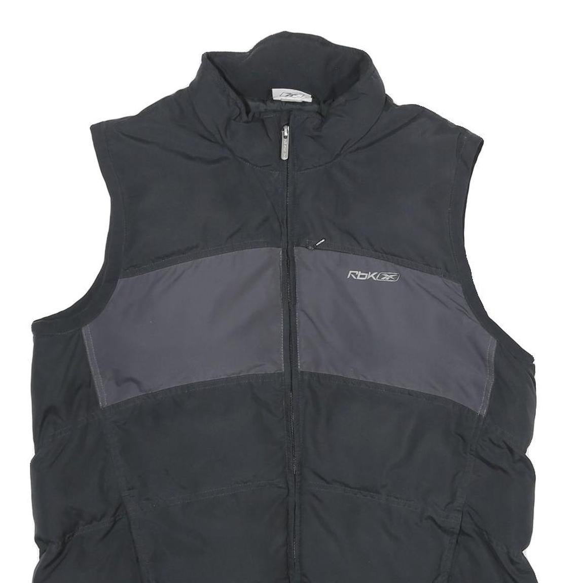 REEBOK Mens Black Grey Sleeveless Zip Jacket M Polyester Puffer Vest Sportswear