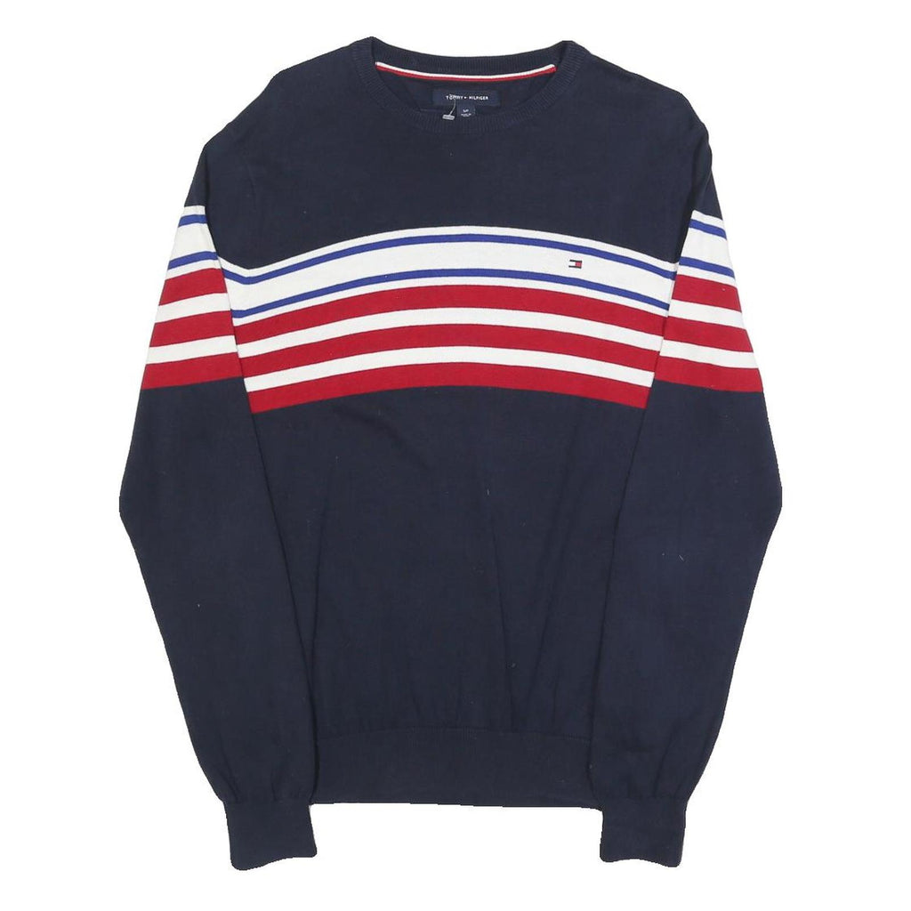 TOMMY HILFIGER Mens Navy Blue Red White Patterned Crew Neck Basic Knit Jumper S