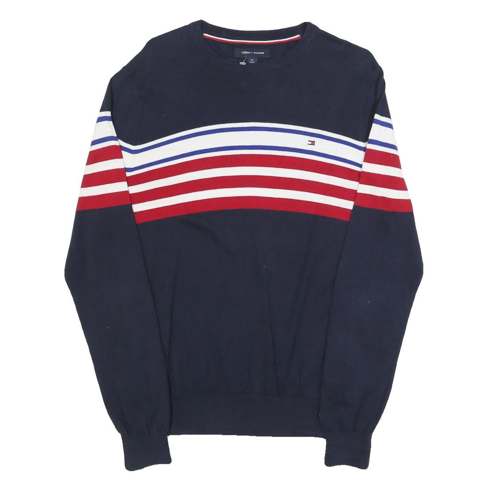 TOMMY HILFIGER Mens Navy Blue Red White Patterned Crew Neck Basic Knit Jumper S
