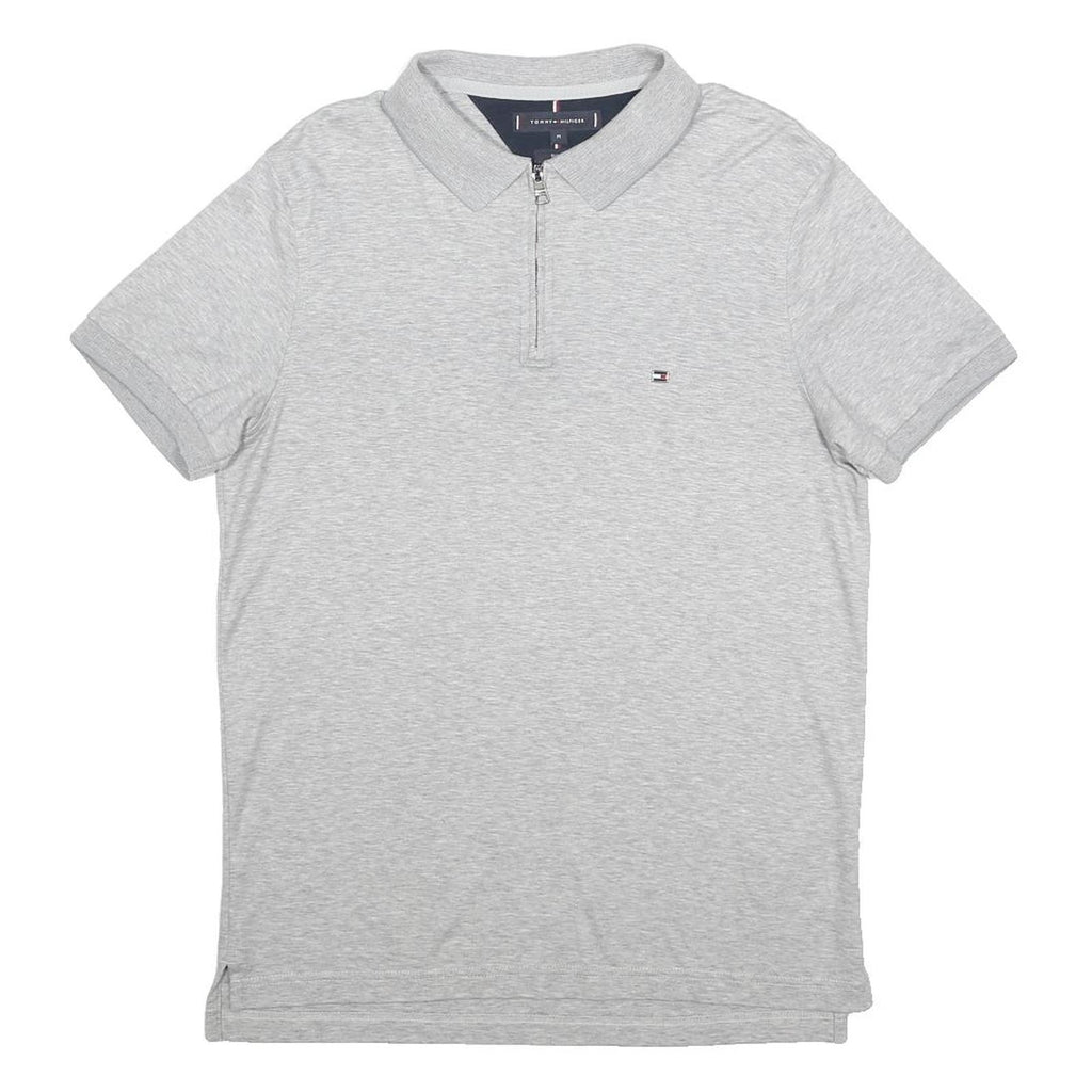 TOMMY HILFIGER Mens Grey Short Sleeve Plain Polo Shirt M Cotton Zip Collar