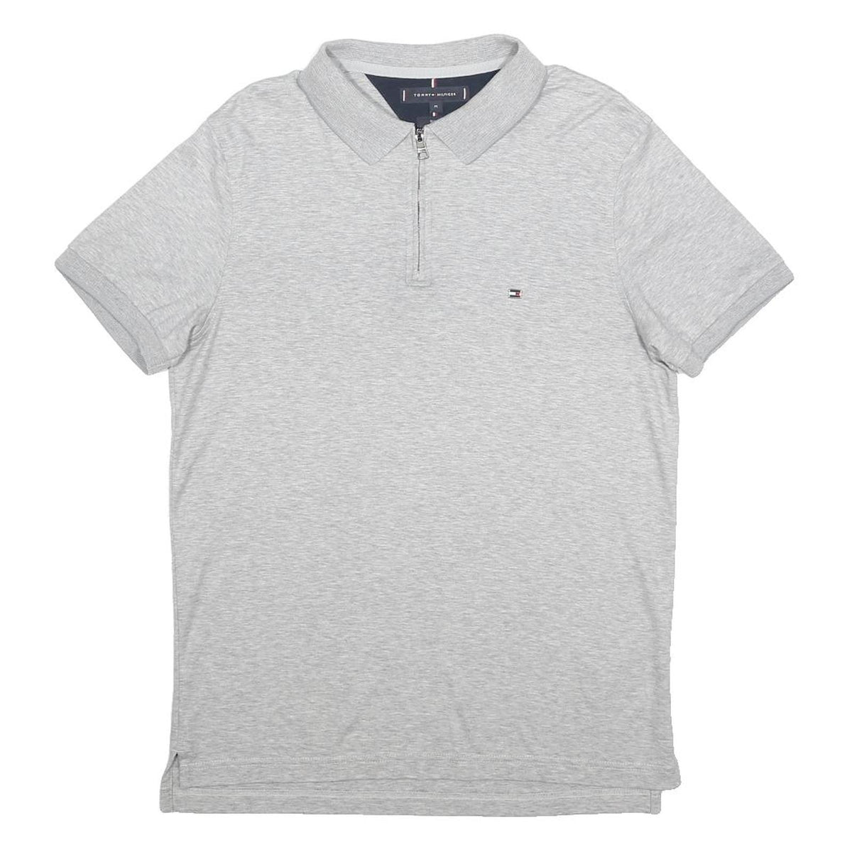 TOMMY HILFIGER Mens Grey Short Sleeve Plain Polo Shirt M Cotton Zip Collar