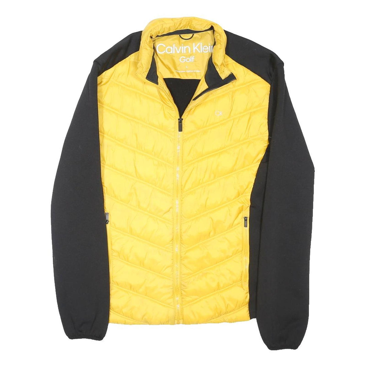 CALVIN KLEIN Mens Yellow & Black Quilted Jacket L Polyester Blend Zip Golf