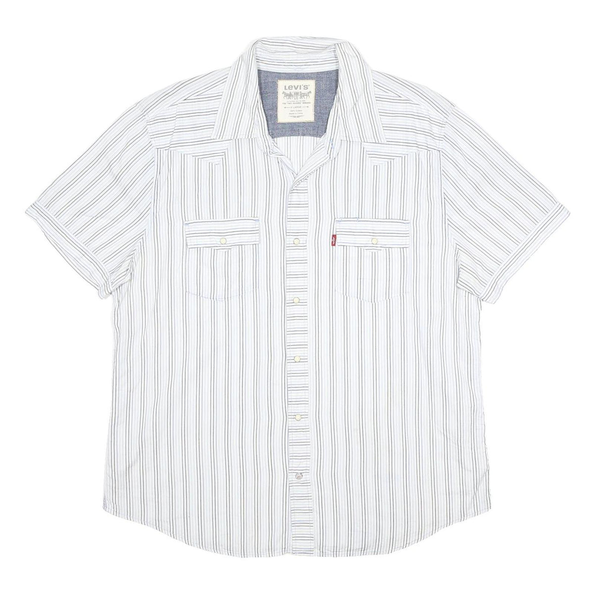 LEVI'S Mens White & Blue Striped Shirt XL Cotton Short Sleeve Casual Summer