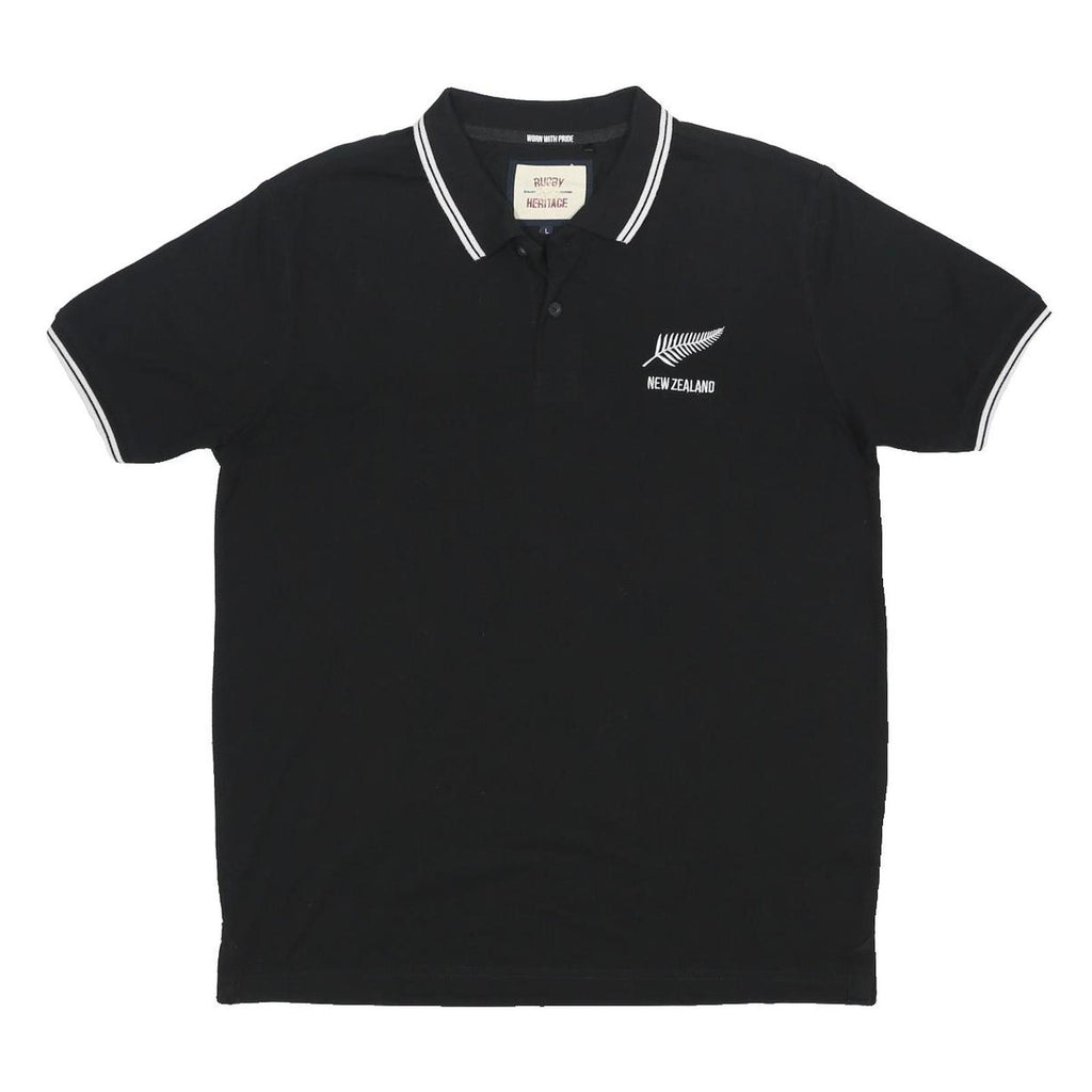 RUGBY HERITAGE Mens Black New Zealand Short Sleeve Polo Shirt L Cotton Blend