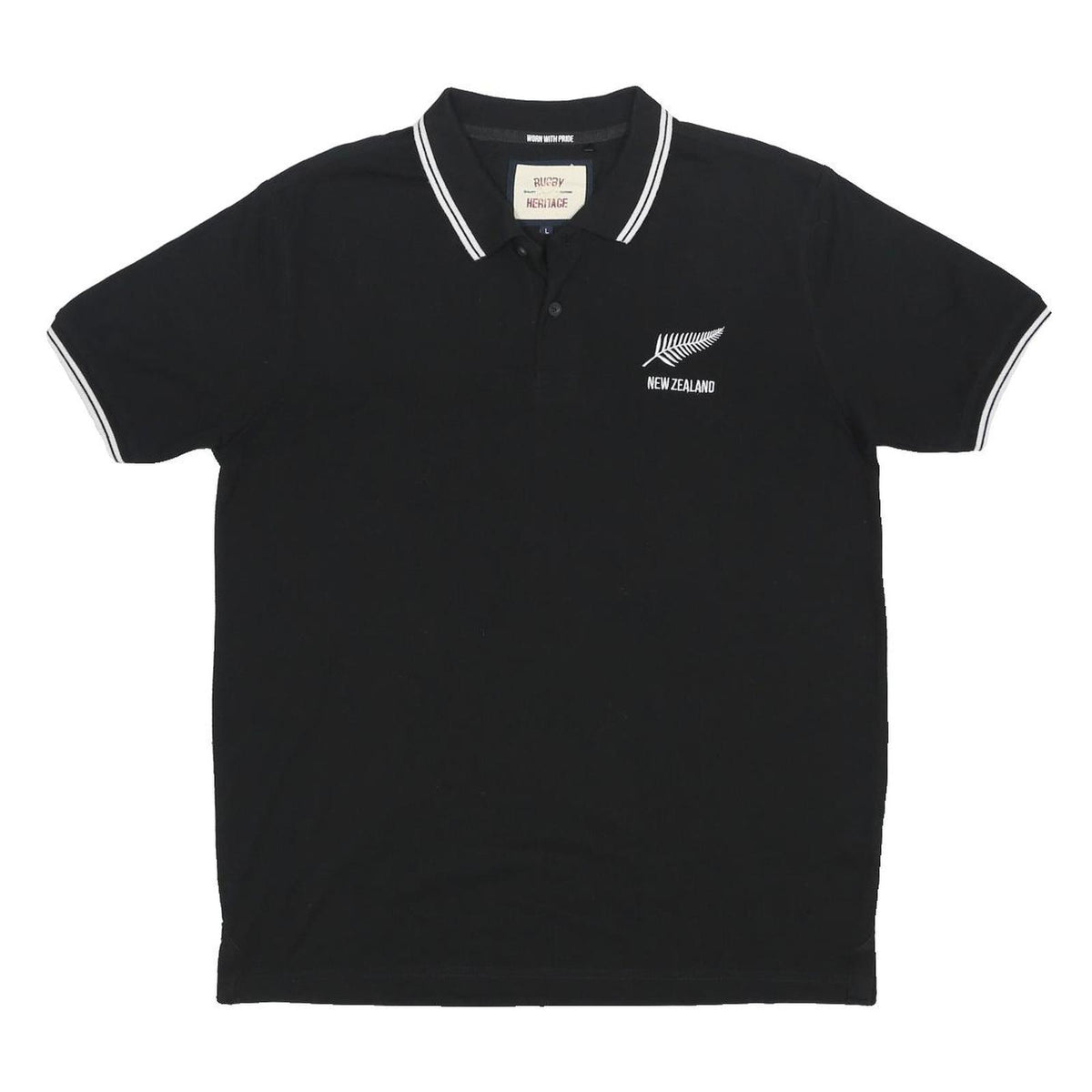 RUGBY HERITAGE Mens Black New Zealand Short Sleeve Polo Shirt L Cotton Blend