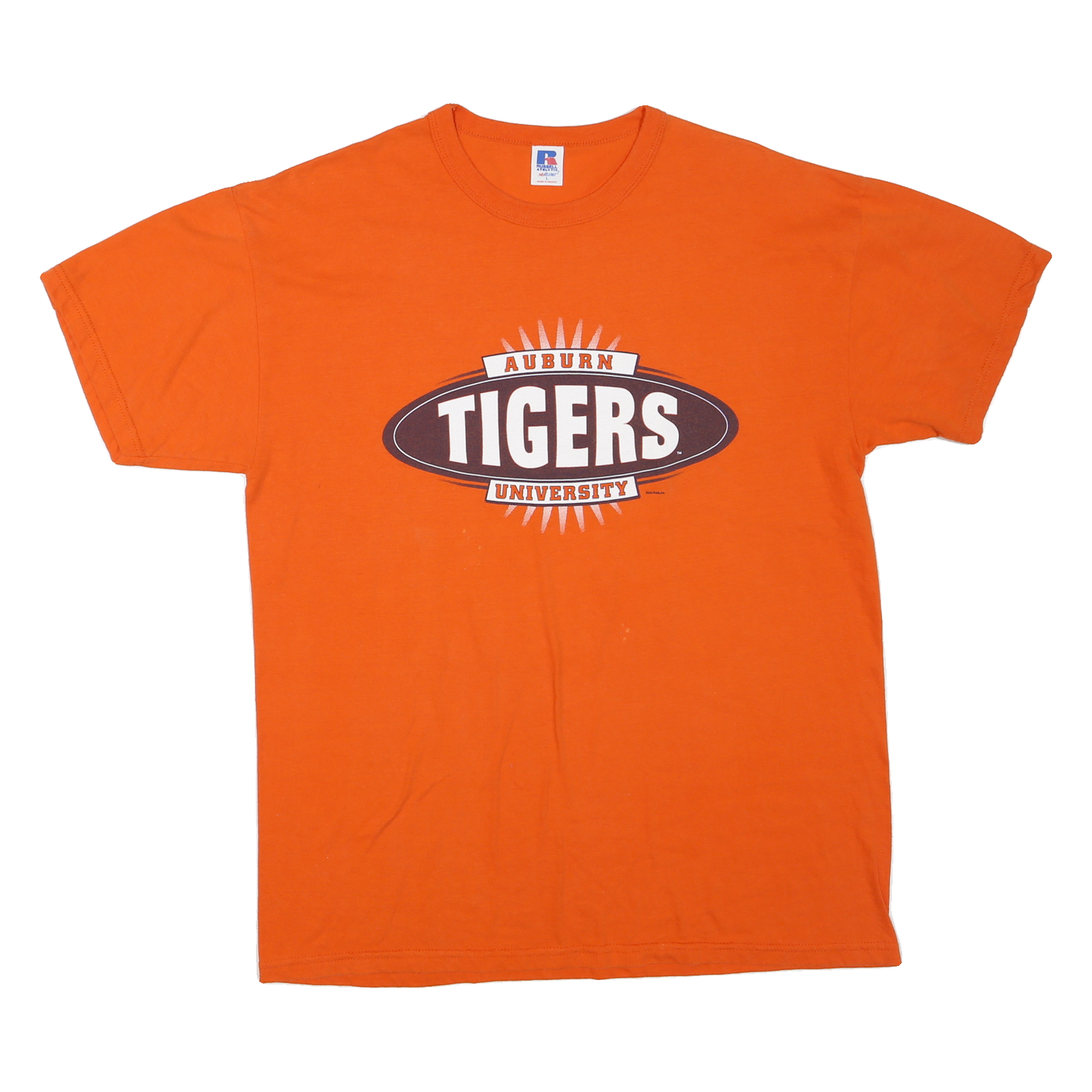 RUSSELL ATHLETIC Mens Orange Auburn Tigers Graphic T-Shirt L Crew Neck Short