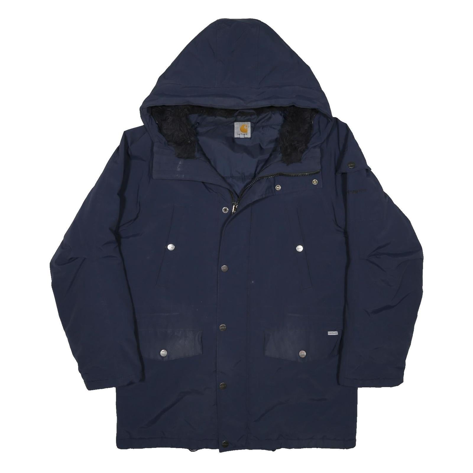 CARHARTT Mens Navy Blue Outdoor Jacket M Nylon Zip Hooded Plain Warm