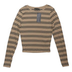 NEW LOOK Womens Beige & Black Striped Top Long Sleeve Crew Neck UK 10 Ribbed