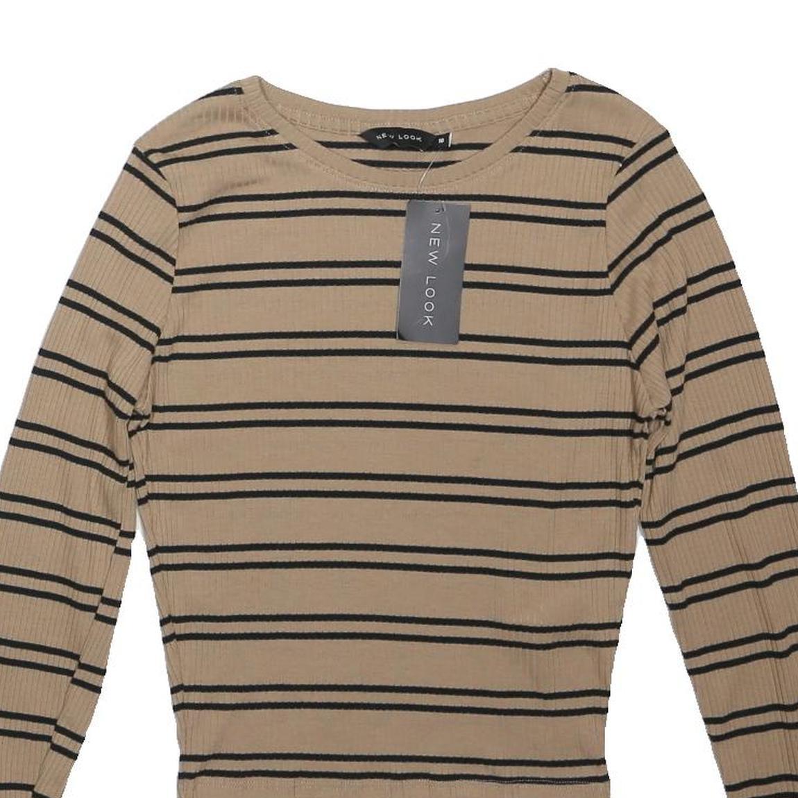 NEW LOOK Womens Beige & Black Striped Top Long Sleeve Crew Neck UK 10 Ribbed
