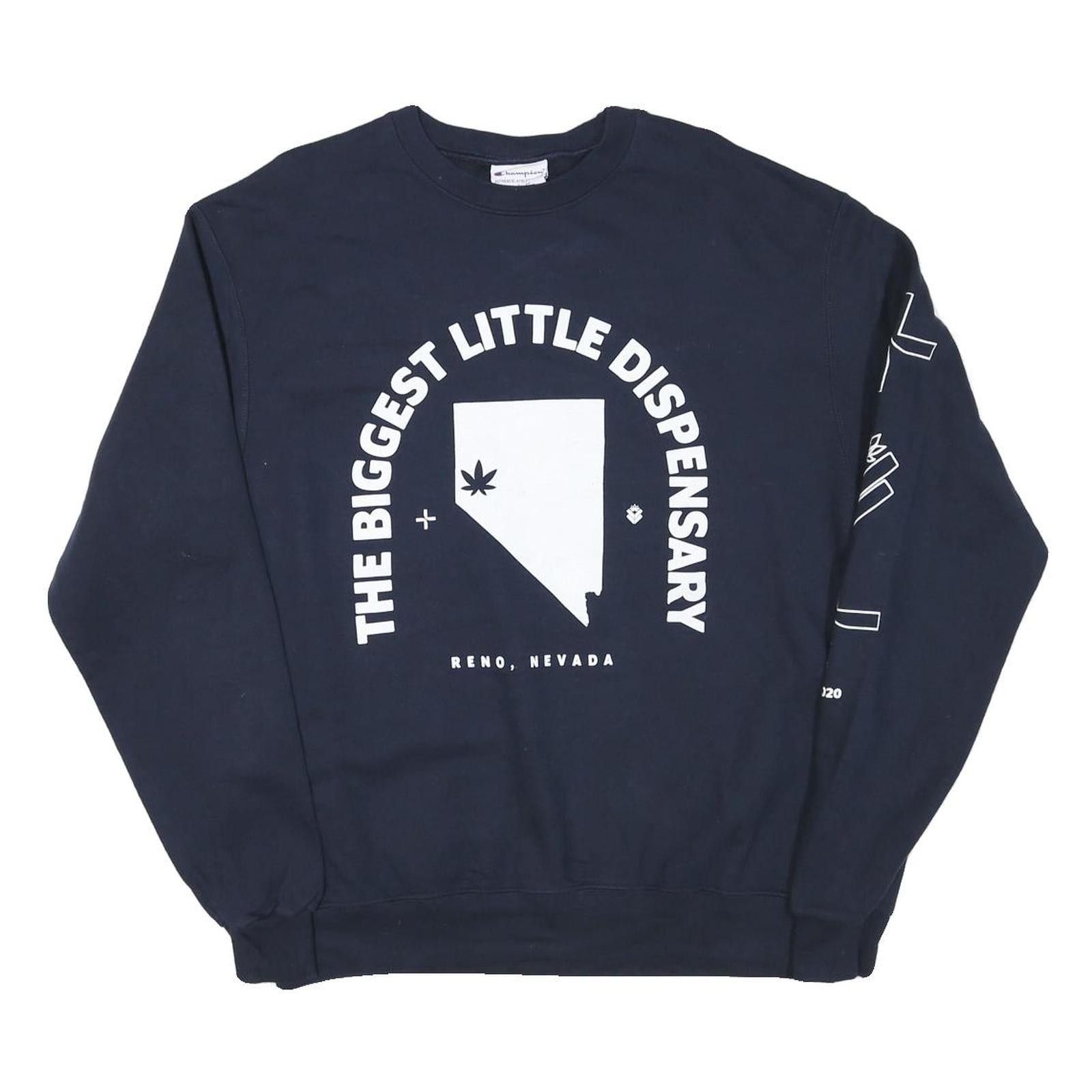 CHAMPION Mens Navy The Biggest Little Dispensary Crew Neck L Sweatshirt Cotton
