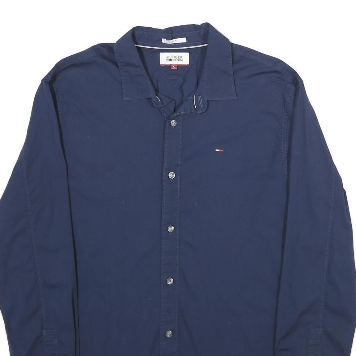 TOMMY HILFIGER Mens Navy Plain Shirt L Classic Cotton Blend Long Sleeve Button