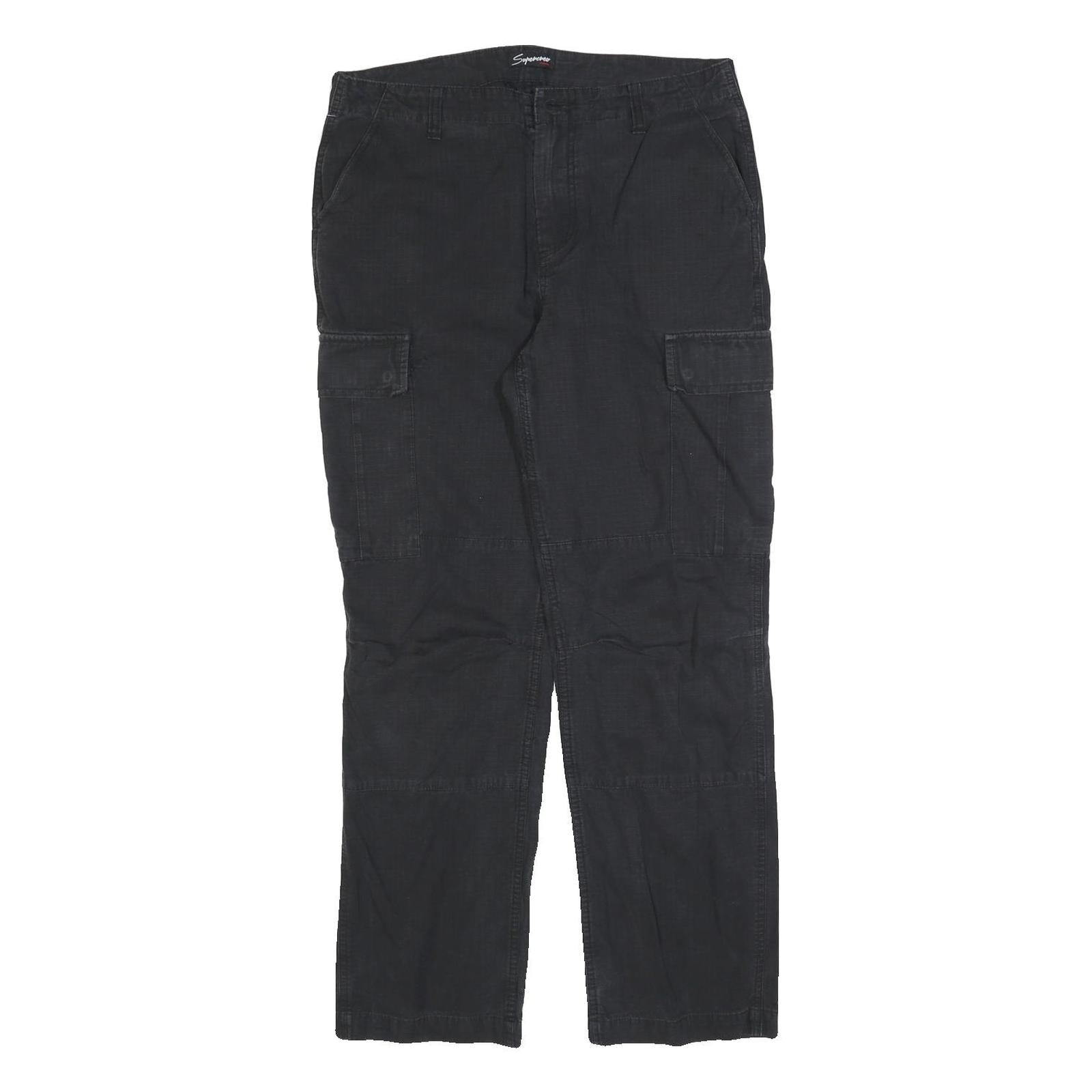 SUPERCREO Mens Black Cotton Blend Regular Cargo Trousers W32 L30 Utility Casual