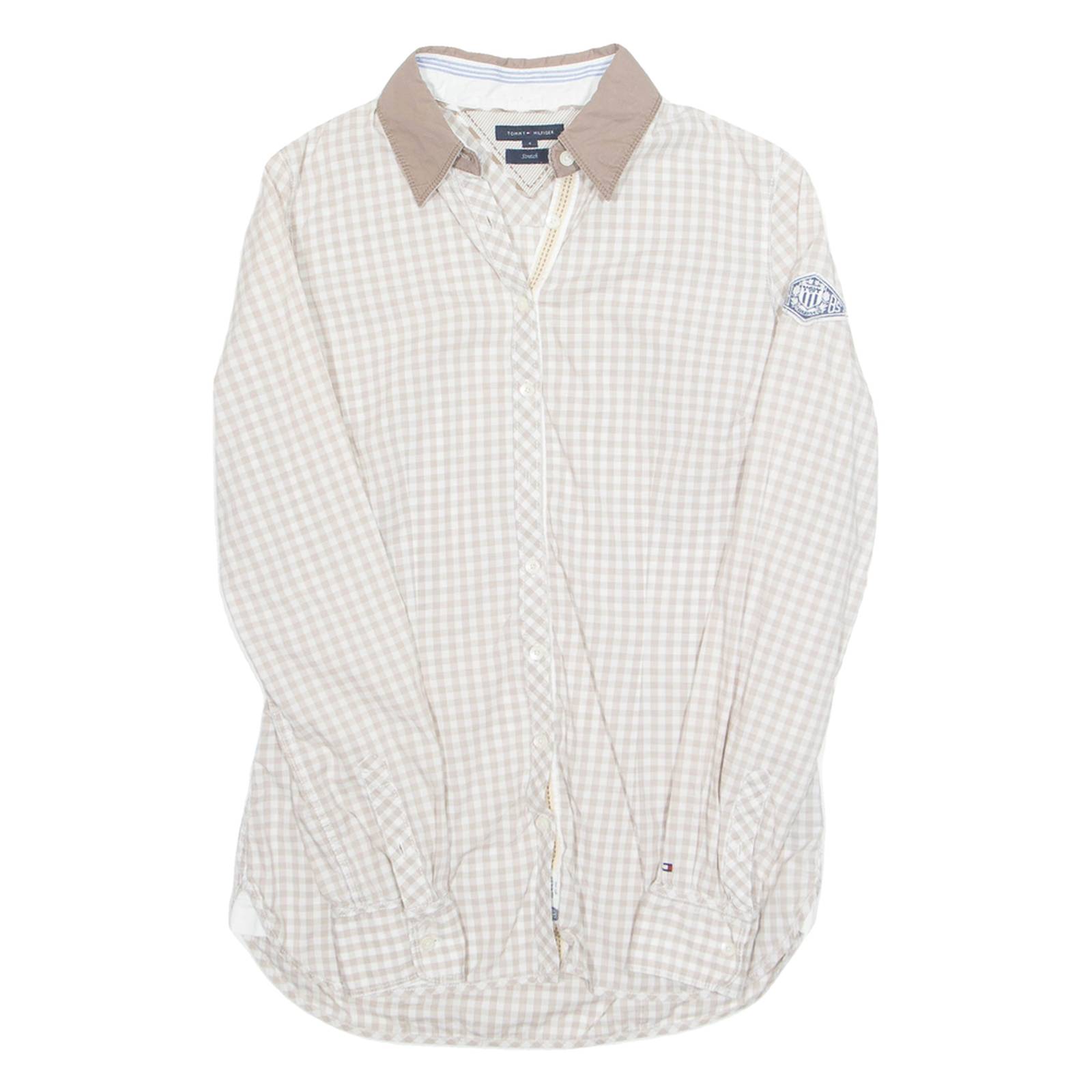 TOMMY HILFIGER Womens Shirt Beige Check Long Sleeve UK 8