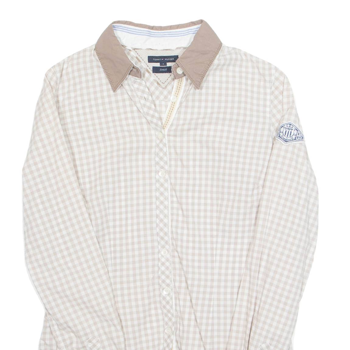 TOMMY HILFIGER Womens Shirt Beige Check Long Sleeve UK 8