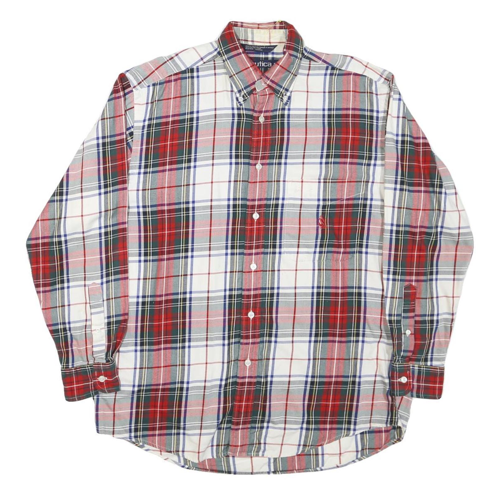 NAUTICA Mens Red Green White Plaid Shirt M Button Down Cotton Blend Classic