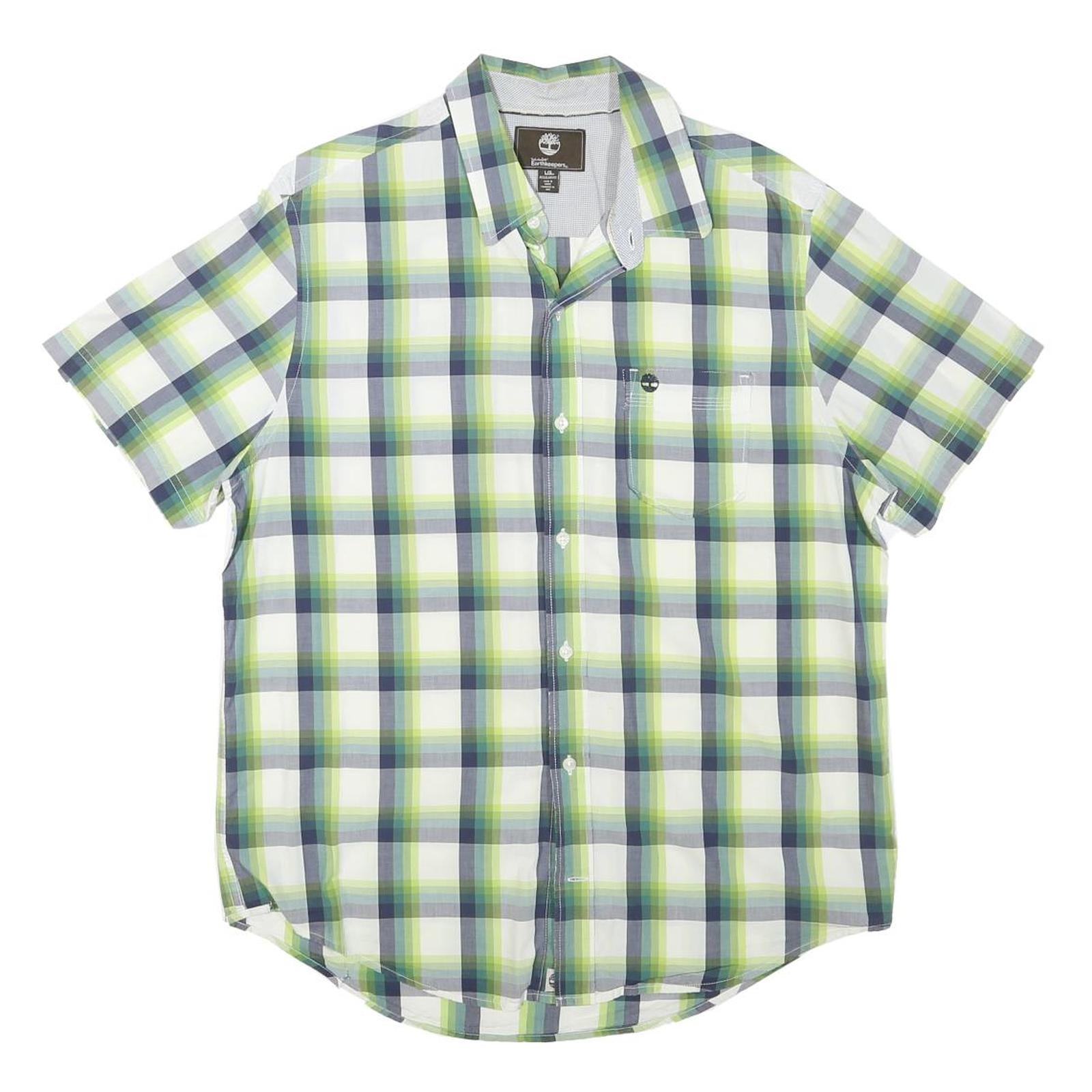 TIMBERLAND Mens Green & Blue Check Short Sleeve Shirt L Cotton Blend Casual