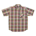 Mens Beige Green Striped Checked Shirt M Casual Button Down Short Sleeve