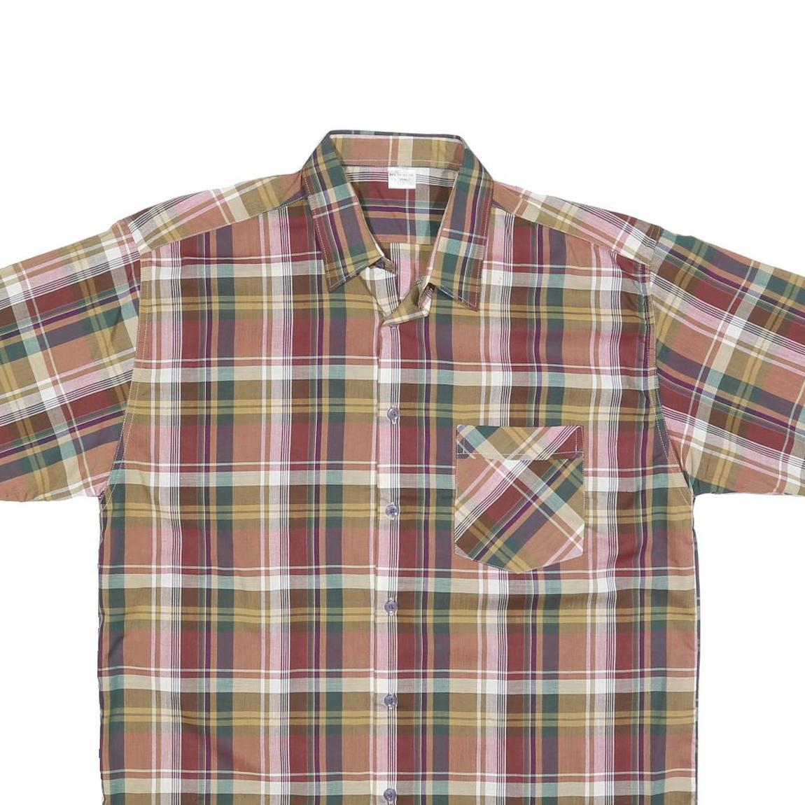 Mens Beige Green Striped Checked Shirt M Casual Button Down Short Sleeve