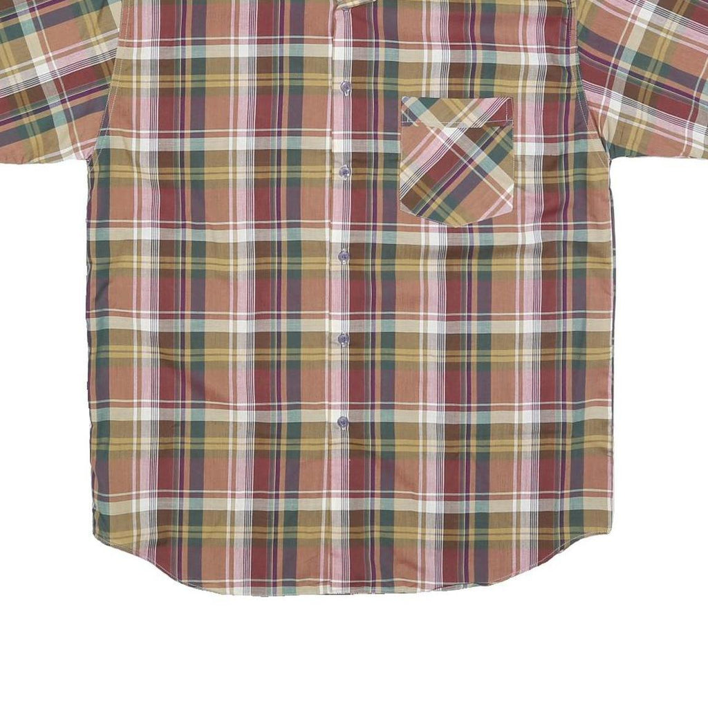 Mens Beige Green Striped Checked Shirt M Casual Button Down Short Sleeve