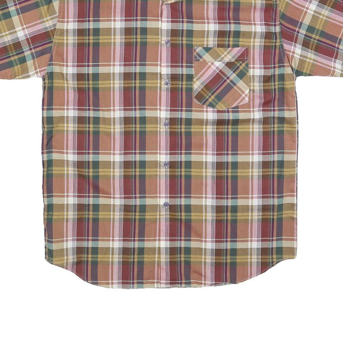 Mens Beige Green Striped Checked Shirt M Casual Button Down Short Sleeve