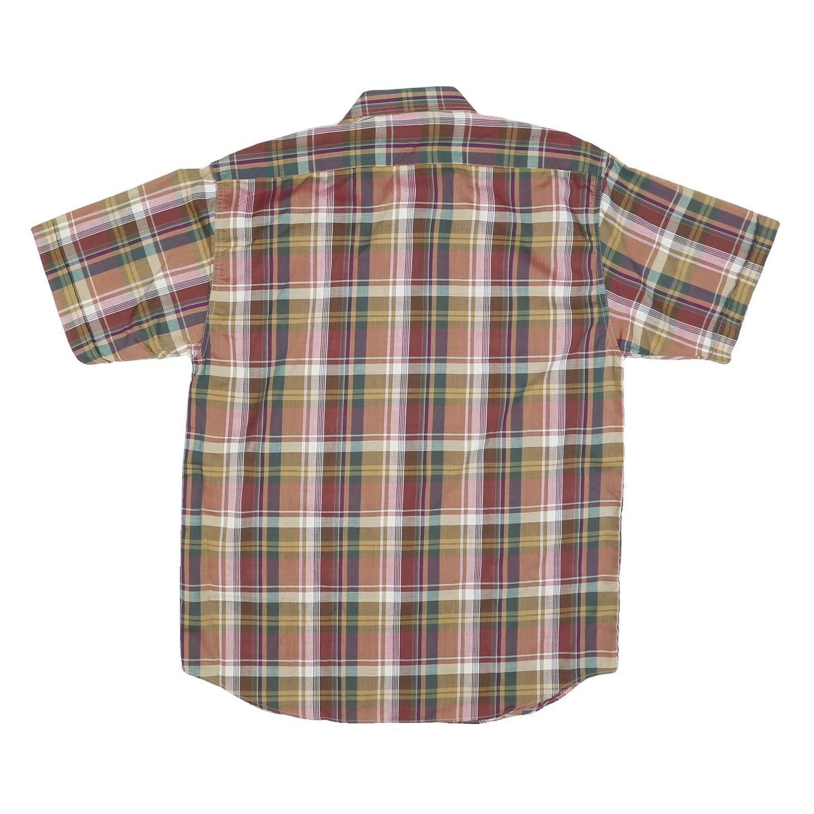 Mens Beige Green Striped Checked Shirt M Casual Button Down Short Sleeve