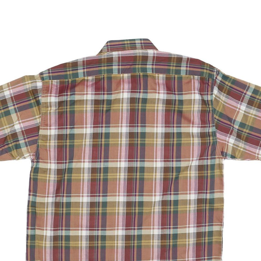 Mens Beige Green Striped Checked Shirt M Casual Button Down Short Sleeve