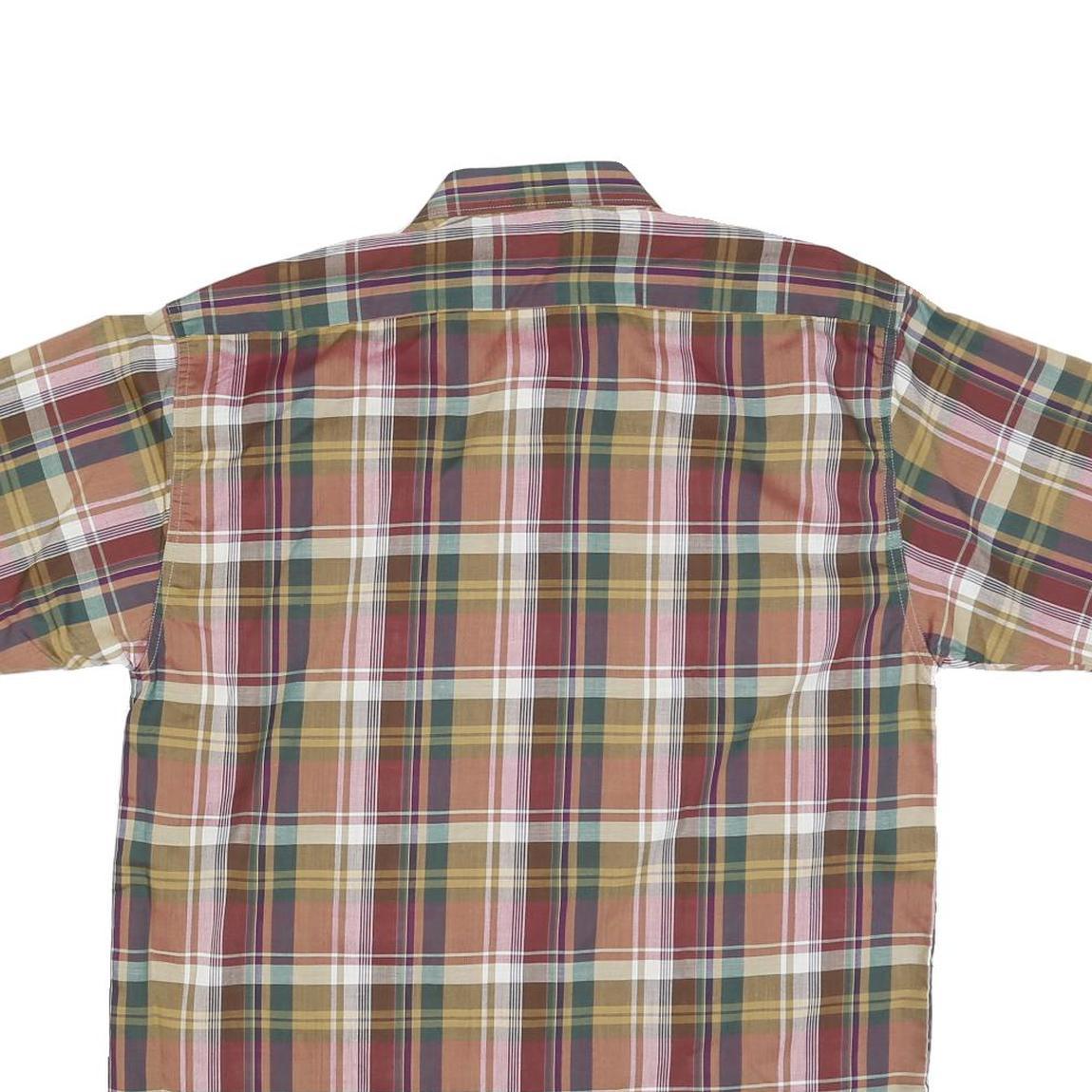 Mens Beige Green Striped Checked Shirt M Casual Button Down Short Sleeve